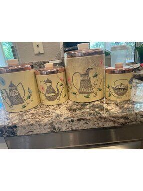 Vintage Ransburg 4 Pc Canister Set Copper Lids Garden Kitchen MCM USA